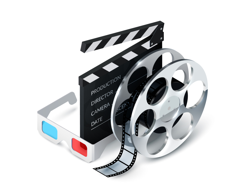 Isometric icon featuring 3D glasses, a clapboard, and a film reel with film. The icon represents a techy and futuristic depiction of elements related to the film industry. It includes 3D glasses symbolizing immersive visual experiences, a clapboard representing filmmaking or production, and a film reel with film, representing the cinematic medium. The isometric style adds depth and modernity to the icon, capturing the essence of technology and innovation within the film industry. This alt text provides a concise and SEO-friendly description of the image.