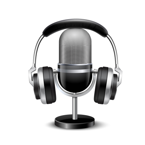 Image of a microphone that is typically used for podcasts and a headset wrapped around the microphone.