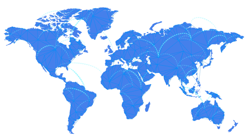 Vector image of a blue map depicting a global network. The map showcases interconnected dots spanning across the globe, symbolizing connectivity and worldwide reach. The dots represent various locations or points of interest, suggesting a network of connections or interactions that span different regions and continents. The blue color scheme adds a sense of unity and cohesion to the overall depiction of a global network.
