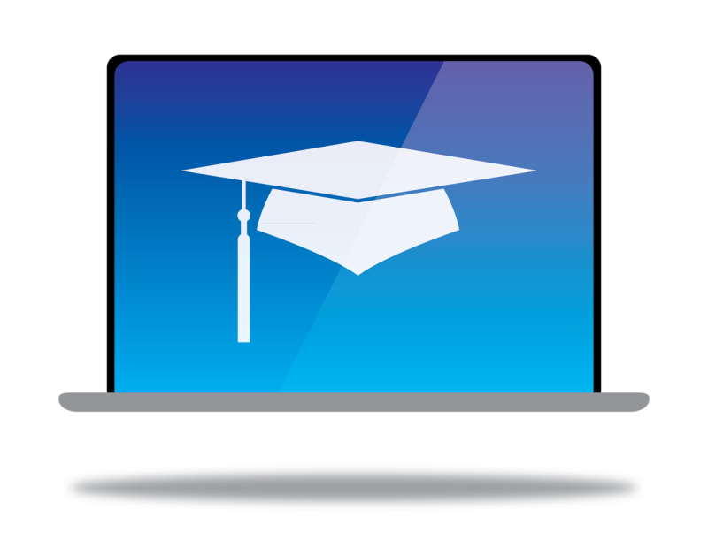 Image of a floating Mac laptop with a floating graduation cap displayed on the screen. The laptop is shown suspended in mid-air, while the graduation cap symbol hovers above the screen. This image signifies the connection between education and technology. It represents the use of technology, such as the Mac laptop, in educational contexts, while the graduation cap represents academic achievement, learning, and personal growth. The floating elements evoke a sense of innovation and advancement in education through the integration of technology.