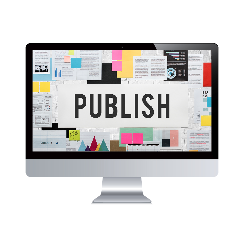 Image of a Mac desktop displaying the word 'PUBLISH' on the screen, with papers, notes, and sticky notes in the background. The screen of the Mac desktop shows the word 'PUBLISH', indicating the focus on publishing content. The papers, notes, and sticky notes behind the screen represent the surrounding ideas, brainstorming, and planning associated with the publishing process. The image captures the concept of organizing thoughts and preparing content for publication using the Mac desktop as a creative workspace.