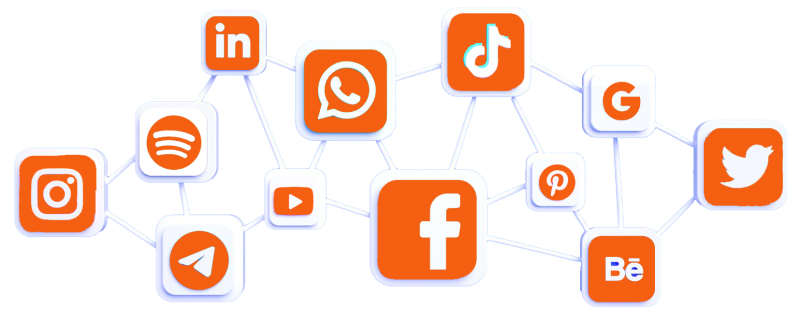 Vector icon representing social media platforms connected in a web with Akorbi's orange color. The icon illustrates a network of interconnected social media platforms, represented by recognizable icons such as Facebook, Twitter, Instagram, and more. The web of connections is depicted using Akorbi's distinctive orange color, symbolizing the integration and presence of Akorbi across various social media channels. The icon conveys the idea of Akorbi's engagement and connectivity within the social media landscape.